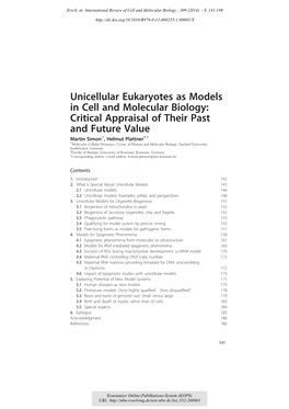 Unicellular Eukaryotes As Models in Cell and Molecular Biology