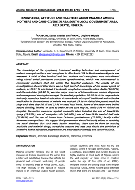 Knowledge, Attitude and Practices About Malaria Among Mothers and Care-Givers in Aba South Local Government Area, Abia State, Nigeria