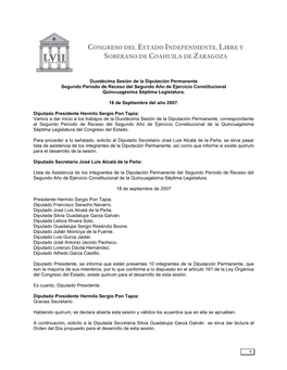 Duodécima Sesión De La Diputación Permanente Segundo Período De Receso Del Segundo Año De Ejercicio Constitucional Quincuagésima Séptima Legislatura