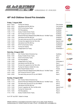 48Th Avd Oldtimer Grand Prix Timetable