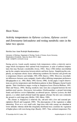 Short Notes Activity Temperatures in Oplurus Cyclurus, Oplurus Cuvieri