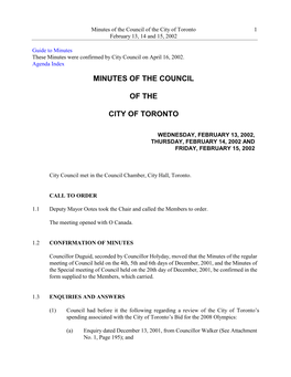 Minutes of the Council of the City of Toronto 1 February 13, 14 and 15, 2002