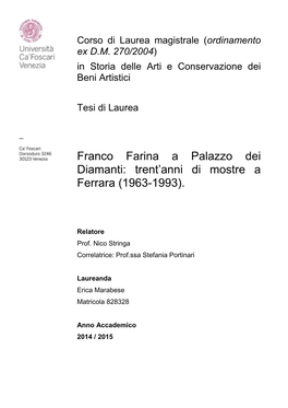 Franco Farina a Palazzo Dei Diamanti: Trent’Anni Di Mostre a Ferrara (1963-1993)