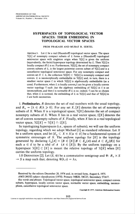 HYPERSPACES of TOPOLOGICAL VECTOR SPACES: THEIR EMBEDDING in TOPOLOGICAL VECTOR SPACES PREM Prakash and Murat R