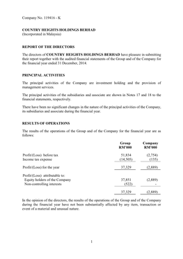 COUNTRY HEIGHTS HOLDINGS BERHAD (Incorporated in Malaysia)