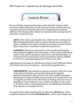 MCV Lesson #6 - Impediments to Marriage and Orders