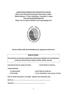 APGCL Bijulee Bhawan, 3Rd Floor, Paltanbazar , Guwahati-1: Assam CIN: U40101AS2003SGC007239 Phone /Fax No: 0361-2739546 E-Mail: Cgm-G@Apgcl.Com