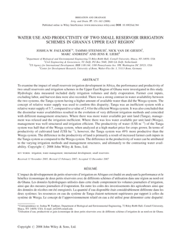 WATER USE and PRODUCTIVITY of TWO SMALL RESERVOIR IRRIGATION SCHEMES in GHANA’S UPPER EAST Regiony