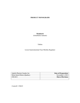 PRODUCT MONOGRAPH Modulon® (Trimebutine Maleate) Tablets Lower Gastrointestinal Tract Motility Regulator Aptalis Pharma Canada