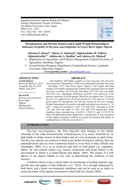 Morphometric and Meristic Features and Length-Weight Relationship As Indicators of Quality of Brycinus Macrolepidotus in Lower River Ogun, Nigeria