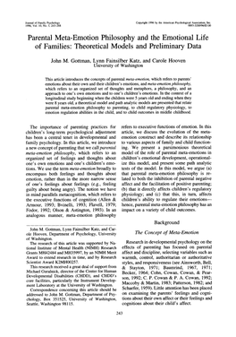 Parental Meta-Emotion Philosophy and the Emotional Life of Families: Theoretical Models and Preliminary Data