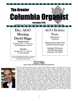 The Greater Columbia Organist December 2010 a Publication of the Greater Columbia Chapter of the American Guild of Organists