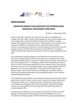 Meridiam Named Fund Manager for International Municipal Investment Fund (Imif)