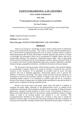 PATENT EVER GREENING : LAW and ETHICS FULL PAPER SUBMISSION ICIL 2016 7Th International Conference on Information Law and Ethics Dr