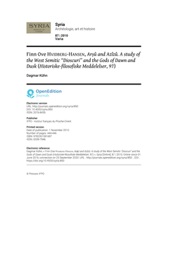 Finn Ove HVIDBERG-HANSEN, Arṣû and Azîzû. a Study of the West Semitic “Dioscuri” and the Gods of Dawn and Dusk (Historiske-Filosofiske Meddelelser, 97)