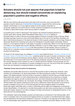 Scholars Should Not Just Assume That Populism Is Bad for Democracy, but Should Instead Concentrate on Explaining Populism’S Positive and Negative Effects