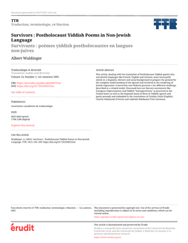 Postholocaust Yiddish Poems in Non-Jewish Language Survivants : Poèmes Yiddish Postholocaustes En Langues Non-Juives Albert Waldinger