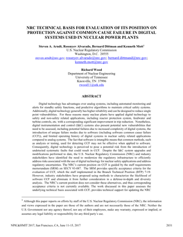 Nrc Technical Basis for Evaluation of Its Position on Protection Against Common Cause Failure in Digital Systems Used in Nuclear Power Plants