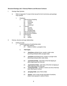 Outcrop Patterns and Structure Contours I. Geologic Map Symbols A. Refer to Appendix F in Back Of