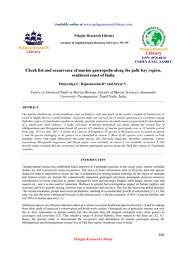 Check List and Occurrence of Marine Gastropoda Along the Palk Bay Region, Southeast Coast of India