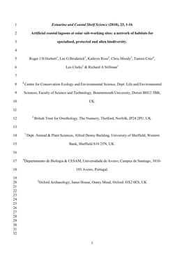 1 Estuarine and Coastal Shelf Science (2018), 23, 1-16 1 Artificial Coastal Lagoons at Solar Salt-Working Sites: a Network of Ha