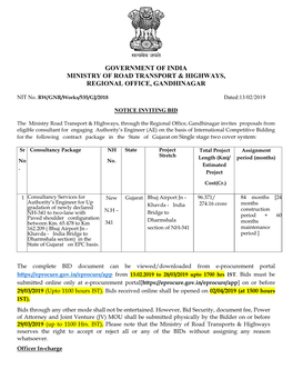 Government of India Ministry of Road Transport & Highways, Regional Office, Gandhinagar