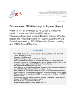 Press Release: PIC/S Meetings in Toyama (Japan) from 11 to 15