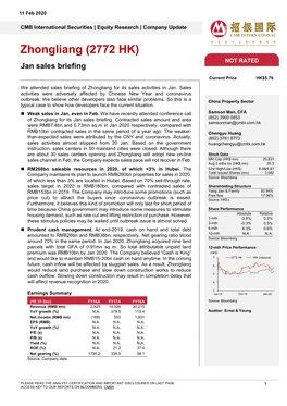 Zhongliang (2772 HK) NOT RATED Jan Sales Briefing Current Price HK$5.76