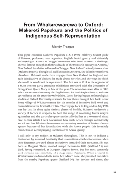 From Whakarewarewa to Oxford: Makereti Papakura and the Politics of Indigenous Self-Representation