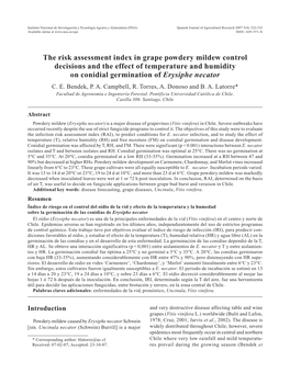 The Risk Assessment Index in Grape Powdery Mildew Control Decisions and the Effect of Temperature and Humidity on Conidial Germination of Erysiphe Necator C