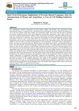 Short Term Performance Implications of Privately Quoted Companies After the Announcement of Merger and Acquisition: a Case of UAP Holding Limited in Kenya