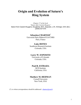 Origin and Evolution of Saturn's Ring System