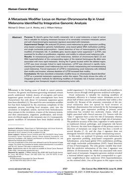 A Metastasis Modifier Locus on Human Chromosome 8P in Uveal Melanoma Identified by Integrative Genomic Analysis Michaeld.Onken,Loria.Worley,Andj.Williamharbour