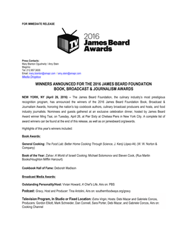 2016 JBF Media Awards Winners Press Release Final with Names