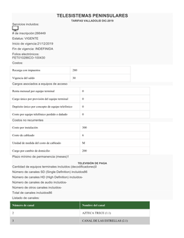 TELESISTEMAS PENINSULARES TARIFAS VALLADOLID DIC-2019 Servicios Incluidos