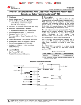 TPA2015D1 2-W Constant Output Power Class-D Audio Amplifier With