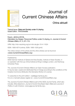 Clientelism by Design: Personnel Politics Under Xi Jinping, In: Journal of Current Chinese Affairs, 47, 3, 87–110
