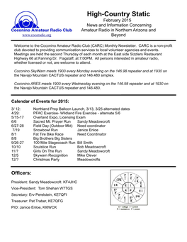 High-Country Static February 2015 News and Information Concerning Amateur Radio in Northern Arizona and Beyond