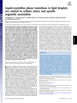 Liquid-Crystalline Phase Transitions in Lipid Droplets Are Related to Cellular States and Specific Organelle Association