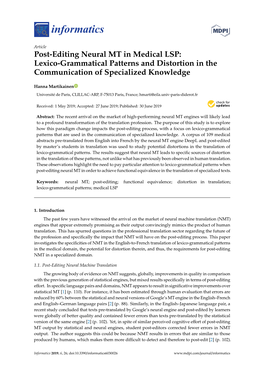 Post-Editing Neural MT in Medical LSP: Lexico-Grammatical Patterns and Distortion in the Communication of Specialized Knowledge