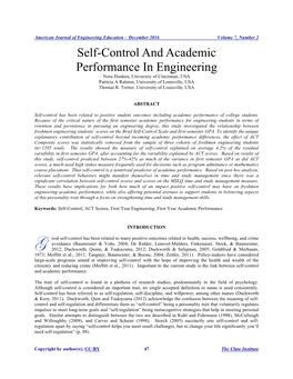 Self-Control and Academic Performance in Engineering Nora Honken, University of Cincinnati, USA Patricia a Ralston, University of Louisville, USA Thomas R