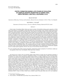 Foitite: Formation During Late Stages of Evolution of Complex Granitic Pegmatites at Dobrá Voda, Czech Republic, and Pala, California, U.S.A