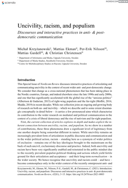 Uncivility, Racism, and Populism Discourses and Interactive Practices in Anti- & Post- Democratic Communication