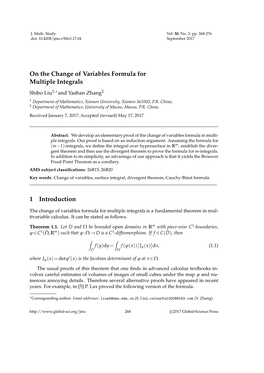 On the Change of Variables Formula for Multiple Integrals 1 Introduction