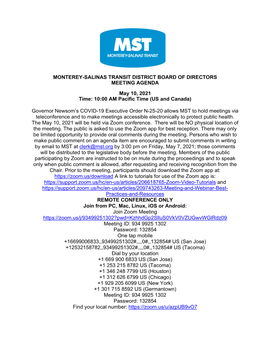 Monterey-Salinas Transit District Board of Directors Meeting Agenda