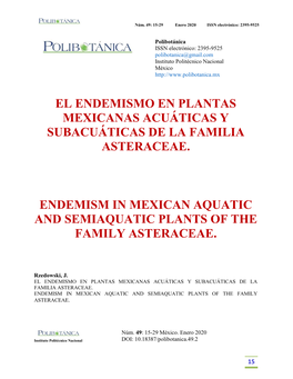 El Endemismo En Plantas Mexicanas Acuáticas Y Subacuáticas De La Familia Asteraceae