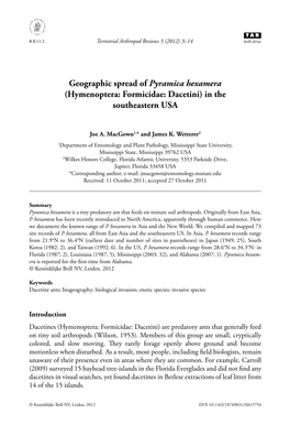 Geographic Spread of Pyramica Hexamera (Hymenoptera: Formicidae: Dacetini) in the Southeastern USA