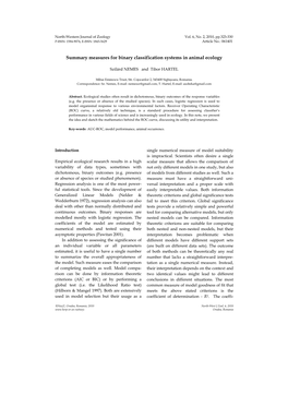 Summary Measures for Binary Classification Systems in Animal Ecology