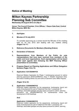 Notice of Meeting ______Milton Keynes Partnership Planning Sub Committee Wednesday 29 August 2012 at 5.30P.M
