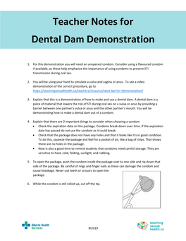 Teacher Notes for Dental Dam Demonstration